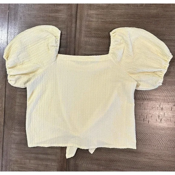 LOFT Women’s Square Neck Tie Front Soft Yellow Blouse Puff Sleeve Top Size M - Picture 13 of 14